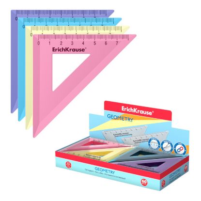 Изображение 57873 Угольник пластиковый ErichKrause® Pastel, 45°/7см, ассорти из 4 цветов, в коробке-дисплеес